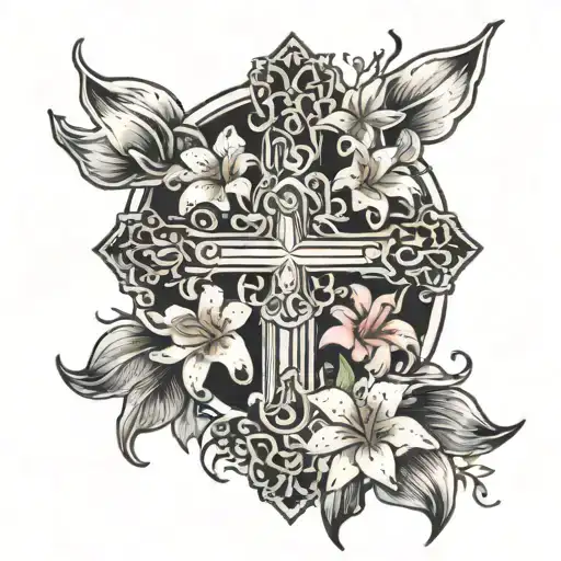 Cross Surrounded By Lilies With A Simple Crown Over Everything