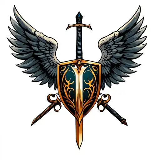 Tribal Inspired Design Featuring Wings On Shoulder That Wraps Around Sword And Shield