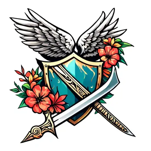Hawaiian Tribal Inspired Design Featuring Wings On Shoulder That Wraps Around Sword And Shield
