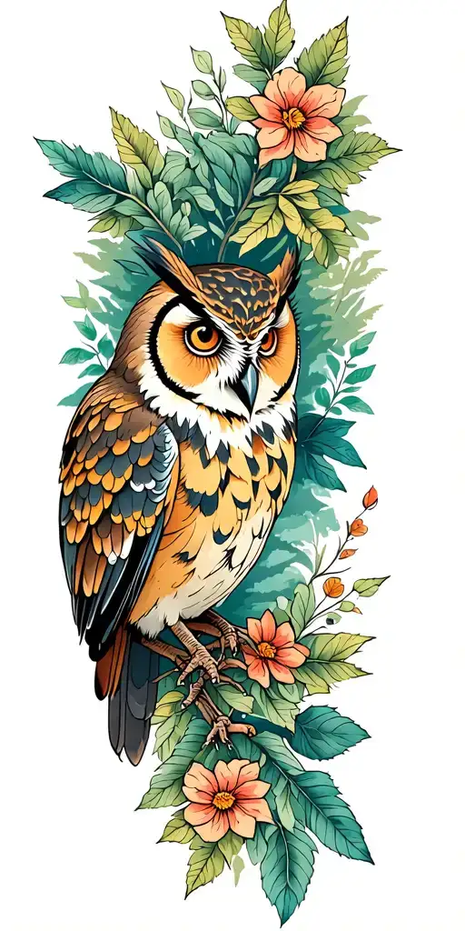 Wren And Owl Sleeve With Forest Around Owl And Floral Design Around Wren