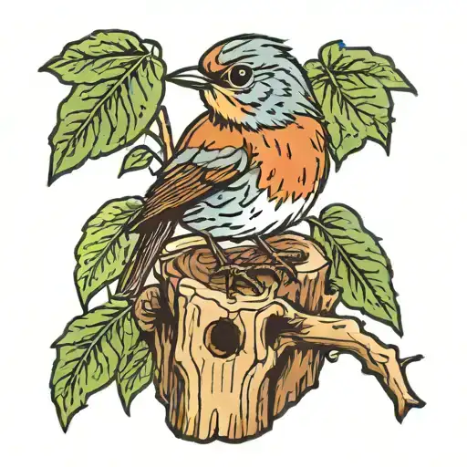 Wooden Stump With A Robin