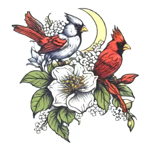 Lilac Flower And Moon Flower With A Cardinal
