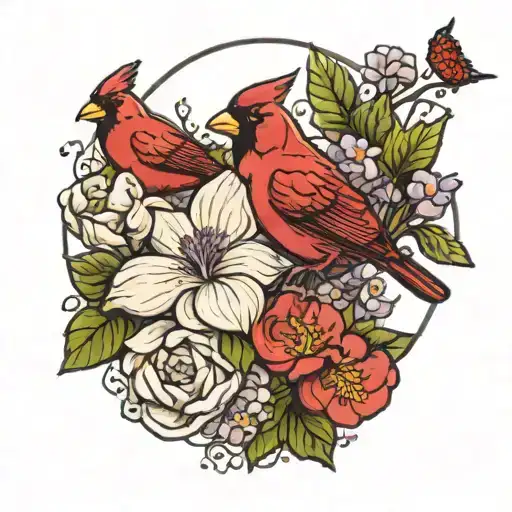 Lilac Flower And Moon Flower With A Cardinal