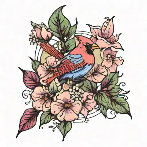 Lilac Flower And Moonflower With A Cardinal Bird