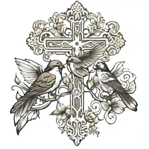 Cross With 4 Sparrows Flying