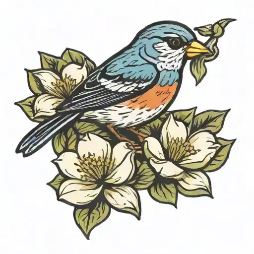 Small Songbird Carrying A Magnolia Flower