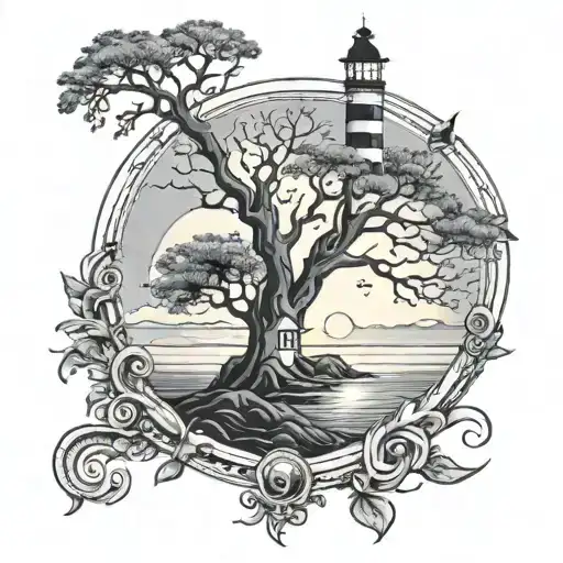 Lighthouse And A Tree Of Life In Black