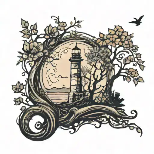 Lighthouse And A Tree Of Life In Black
