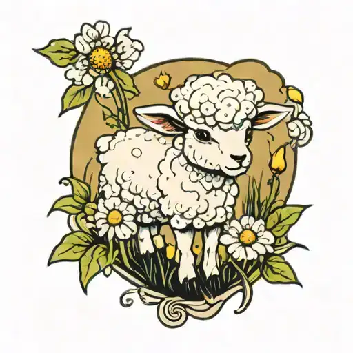 A Cartoon Little Lamb In A Feild Of Dandilions