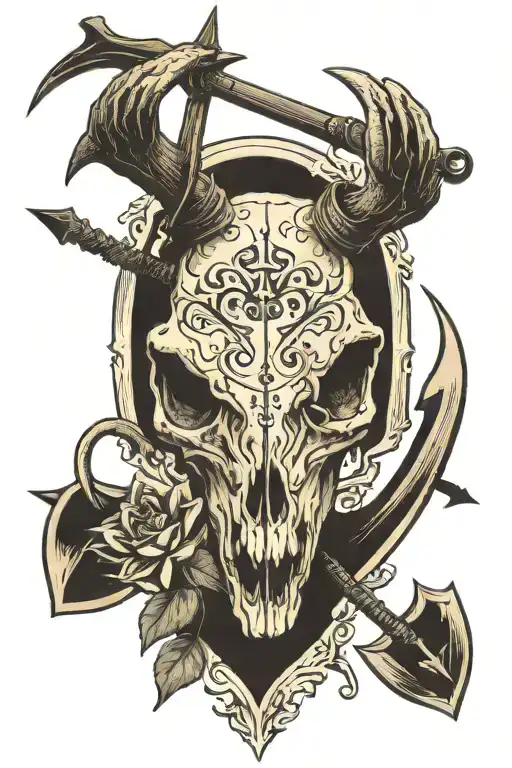 Deer Skull Combined With An Arrow And Fishing Hook