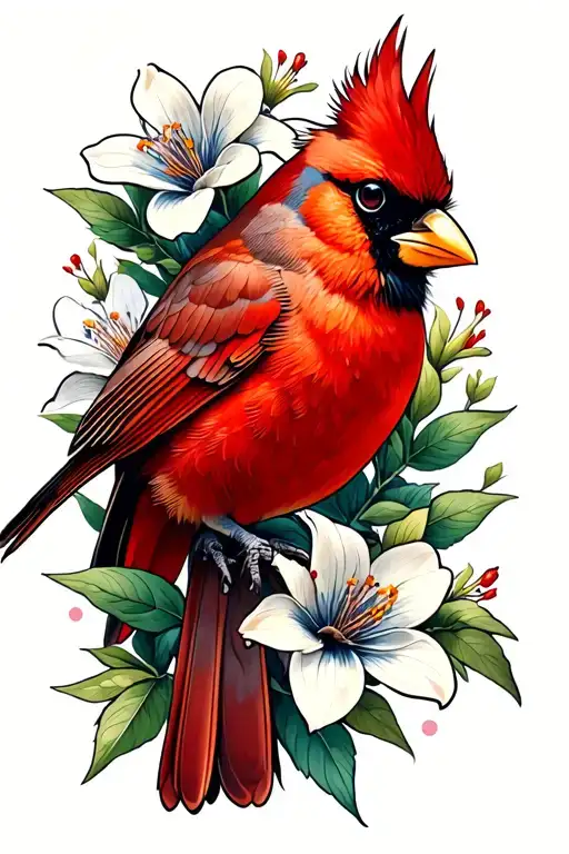 Red Cardinal Bird With Columbine Flowers