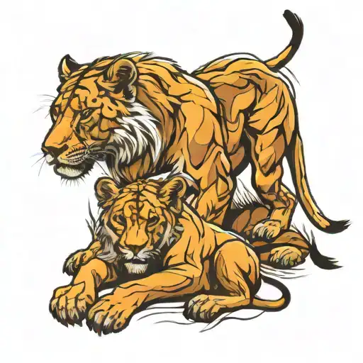 Lioness Protecting Her Cub
