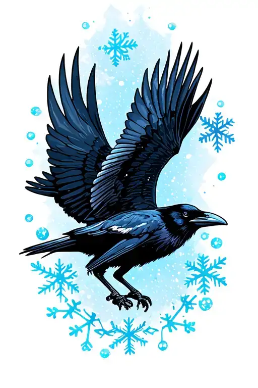 Raven Flying With Snowflakes Falling