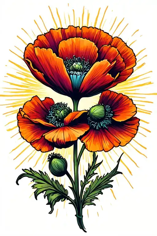 Poppy Flower With Sun Rays Shining