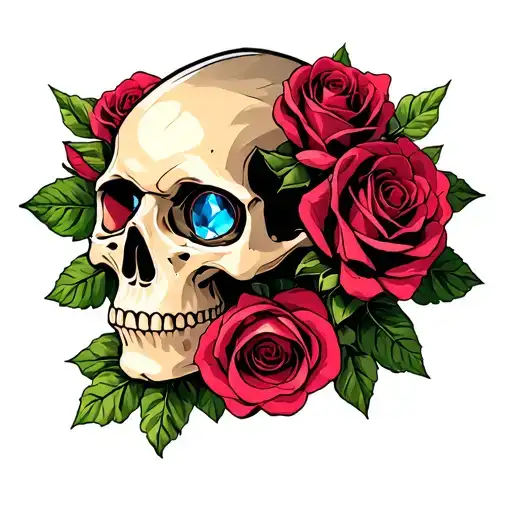 Skull With Birth Stones In The Eyes On A Bed Of Roses