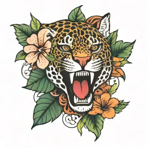 A Full Jaguar With Hibiscus Followers At The Bottom Of Its Body