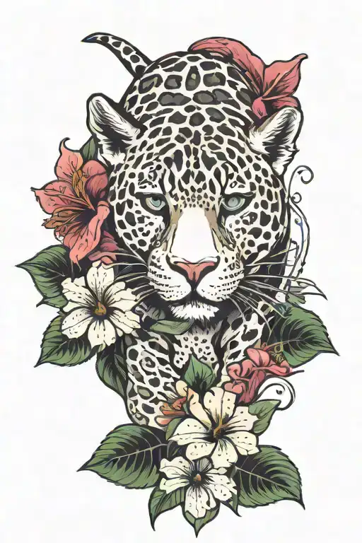 A Full Jaguar With Hibiscus Followers At The Bottom Of Its Body