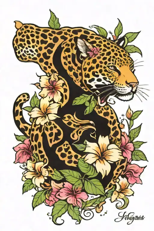 A Jaguar Full Body With Hibiscus Flowers Trailing At The Bottom