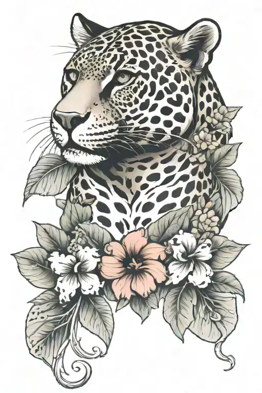 Jaguar Full Body With Hibiscus Flowers At The Bottom