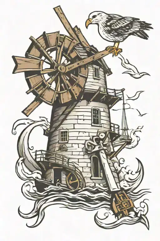 Old Small Windmill Seagull Carrying Anchor
