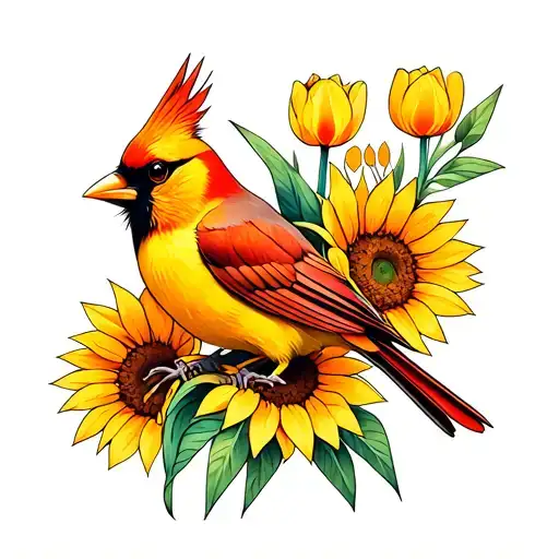 Yellow Cardinal With Sunflowers Tulips Geometric