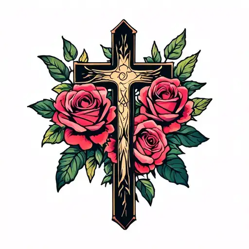 Cross Surrounded In Roses Blooming