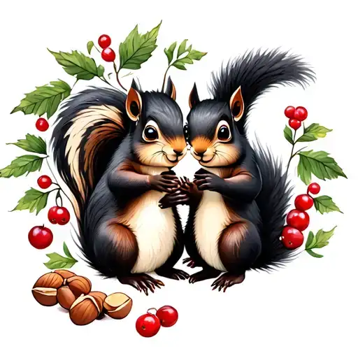 Skunk And Squirrel With Nuts And Berries