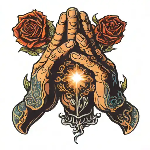 Drawn Praying Hands With Bright Light At The Top