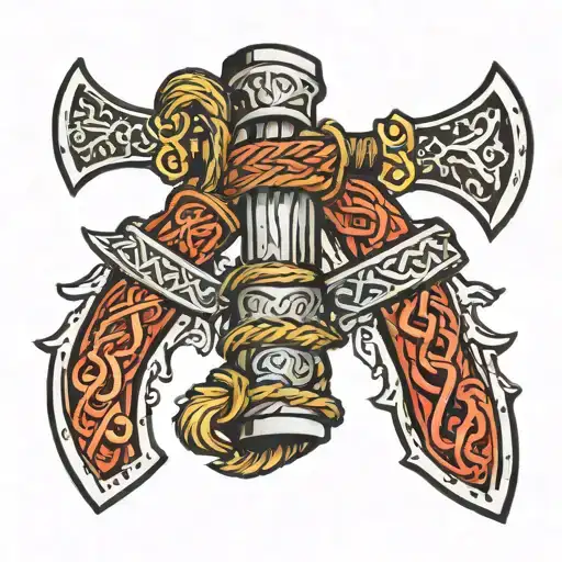 Two Viking Axes Crossed And Bound By Rope Hanging