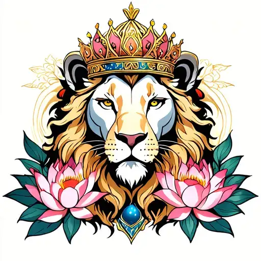 Crowned Lion With Orion's Belt And Lotus Flowers Intertwined