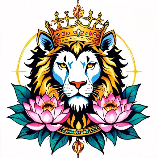 Crowned Lion With Orion's Belt And Lotus Flowers Intertwined