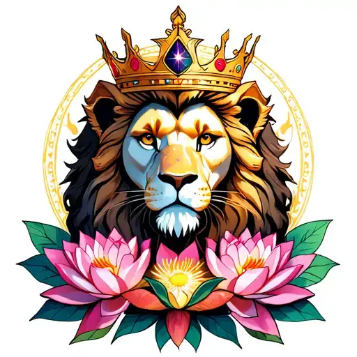 Crowned Lion With Orion's Belt And Lotus Flowers Intertwined