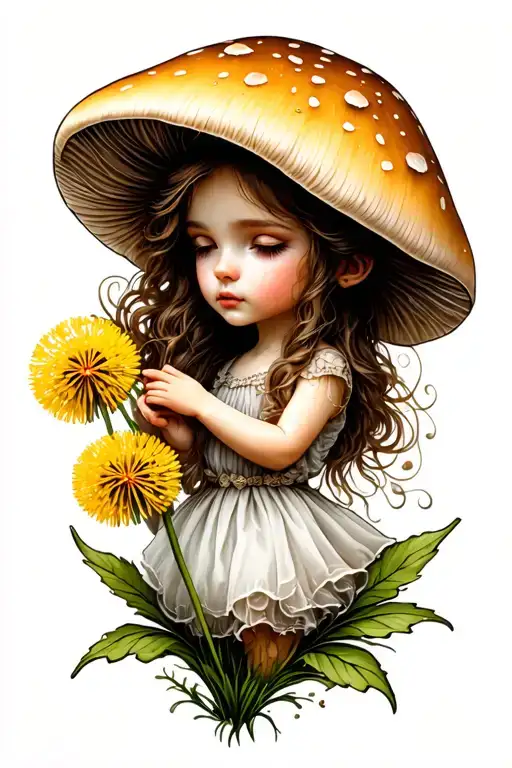 Tiny Mushroom Fairy Holding A Dandelion