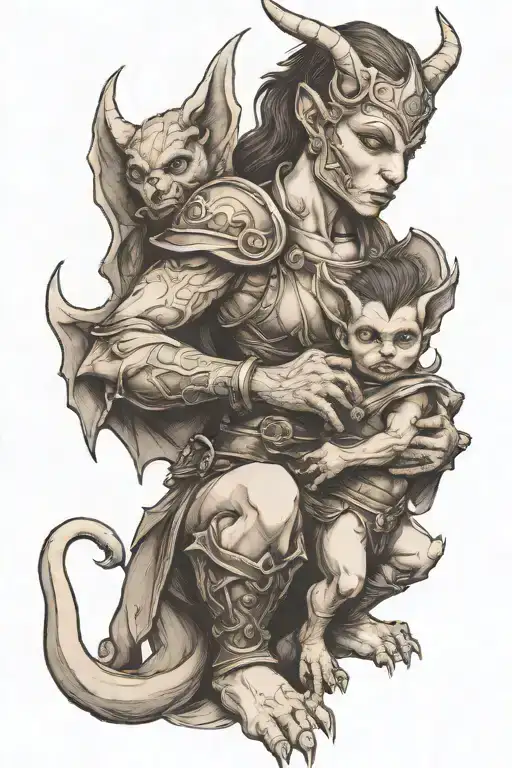 Female Gargoyle Warrior With Her Toddler