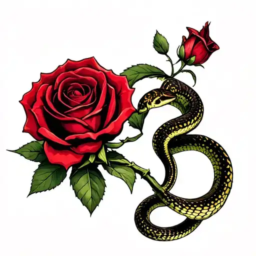 Wine Red Rose With Snake Wrapped Around The Stem With The Flower Of The Rose As A Heart Shape