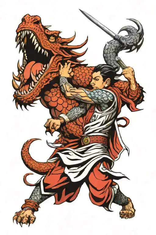 Maian Warrior Battling A Dragon