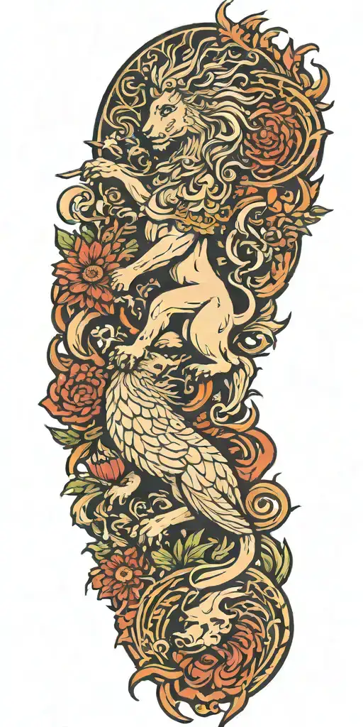 Scottish Rampant Lion Tattoo With Greek Godess Surrounded By Doves And Thistles