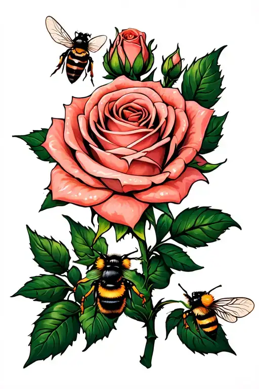 Coral Colored Rose With Green Leaves And A Bumble Bee