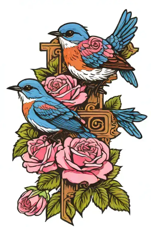 Eastern Bluebirds With 2 Pink Roses And A Cross