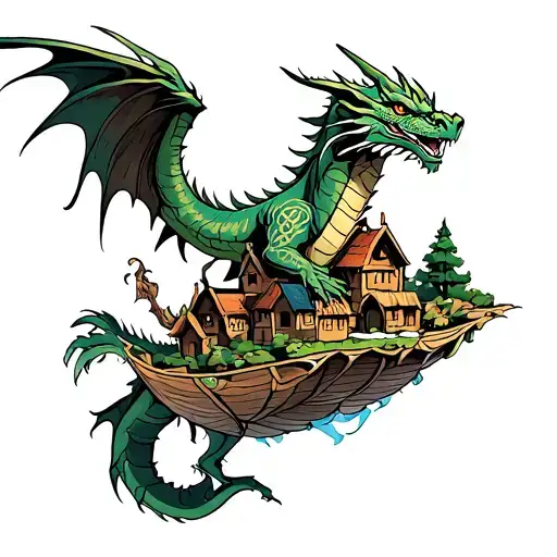 A Celtic-inspired Tattoo Of A Dragon Flying Over A Tribal Village Floating In The Air