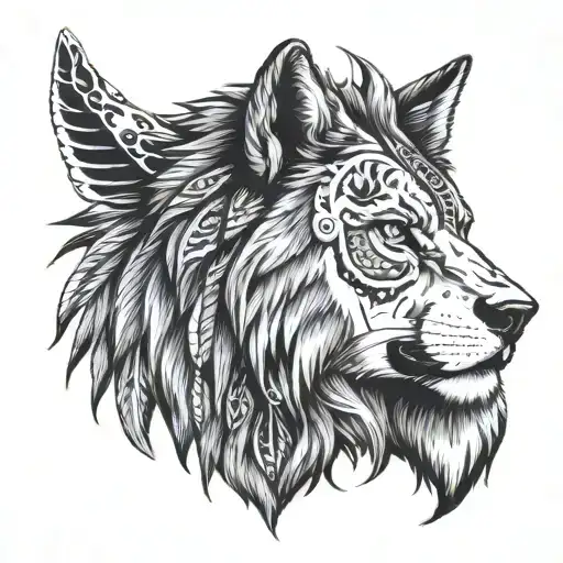 Left Half Wolf Right Half Lion Face Wearing Indian Cherokee Head Ornament