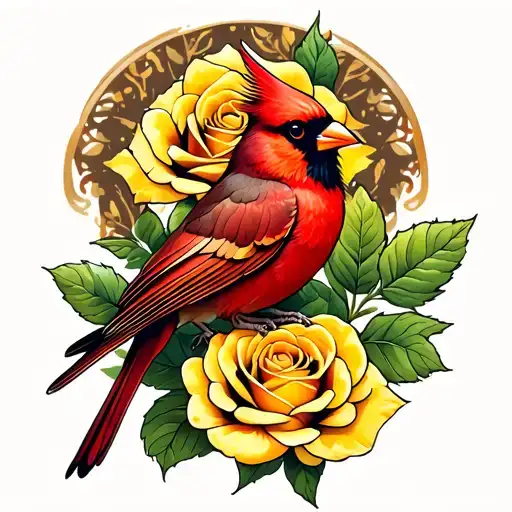 Cardinal Sitting On Yellow Rose