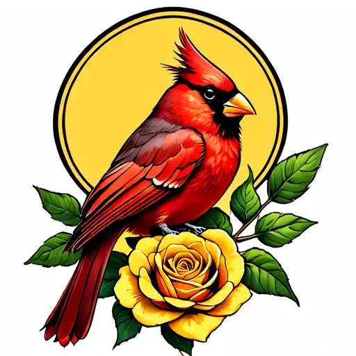 Cardinal Sitting On Yellow Rose