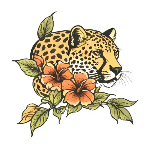 Cheetah And Hibiscus Flower Intertwined