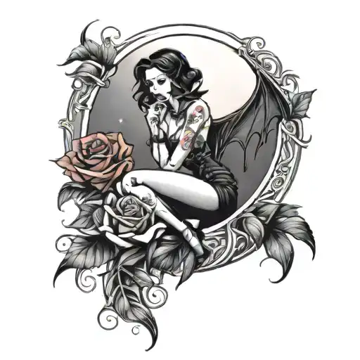 Sexy Female Vampire Sitting On A Cresent Moon With Rose Accents