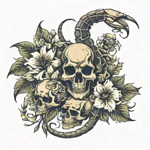 Scorpion And Skulls And Flowers Intertwined