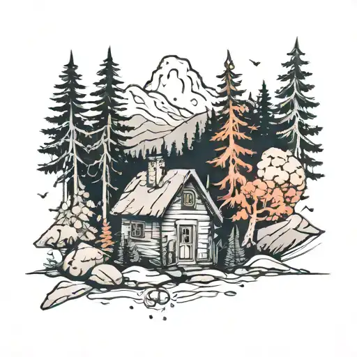 Small Forest With A Mountain With Trees And A Random Small House That Looks Abandons