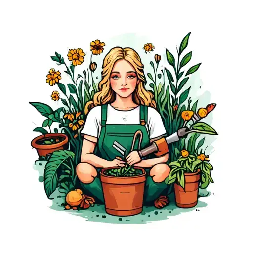 Blonde Girl Gardening Tools And Plants