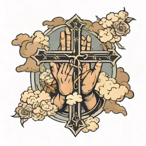 Prayer Hands With Three Crosses And Clouds