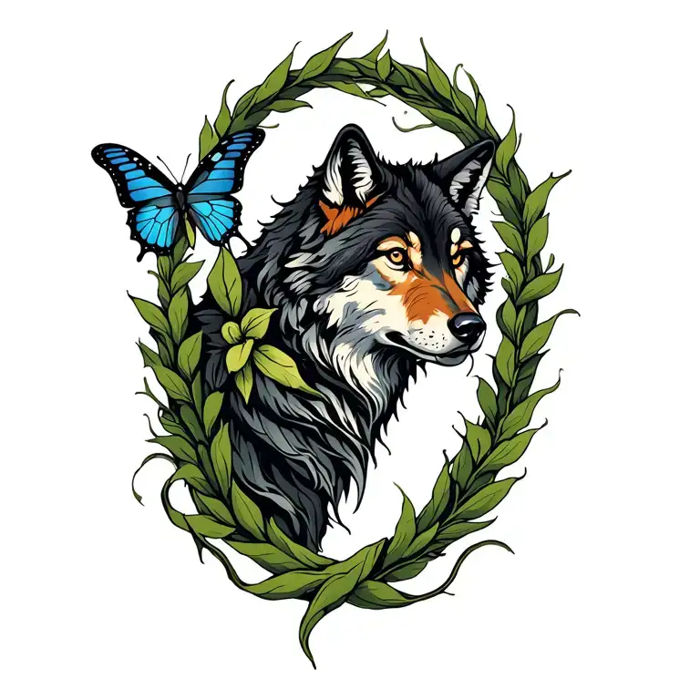 Lupus Ribbon Wrapped In Long Vines With Wolf And Butterfly For Entire Shoulder